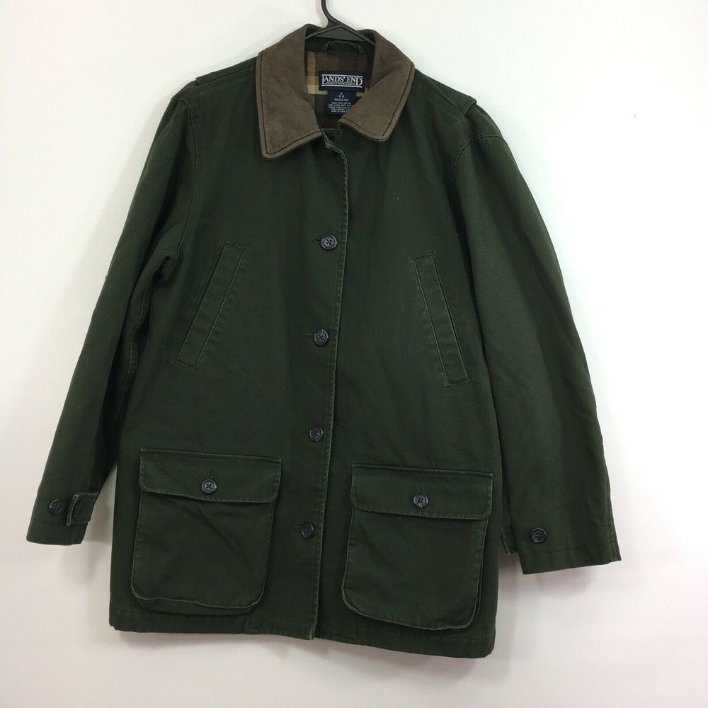 Lands End Leather Collar Plaid Lined Barn Coat